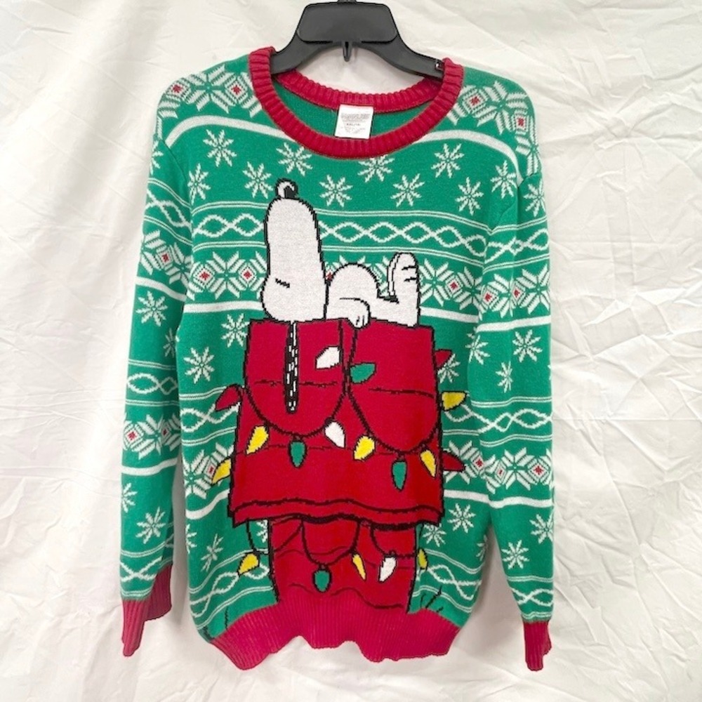 Peanuts Snoopy Christmas Sweater Kids Youth XXL 18 Green Ugly Holiday Doghouse